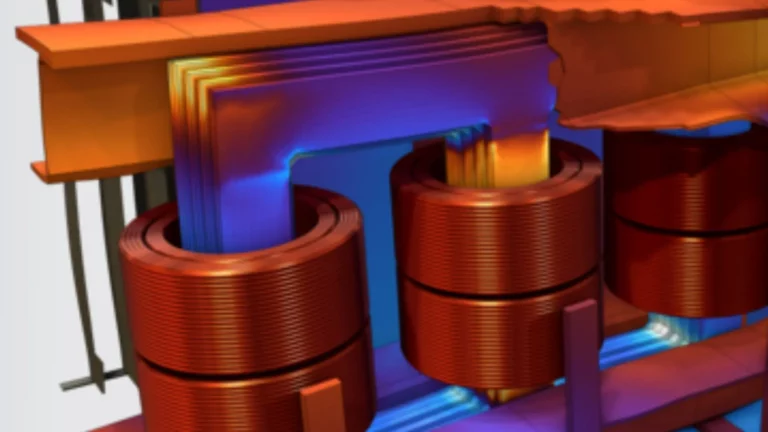 three-phase transformer can be seen in this picture, metal surface parts are colored by flux density magnitude