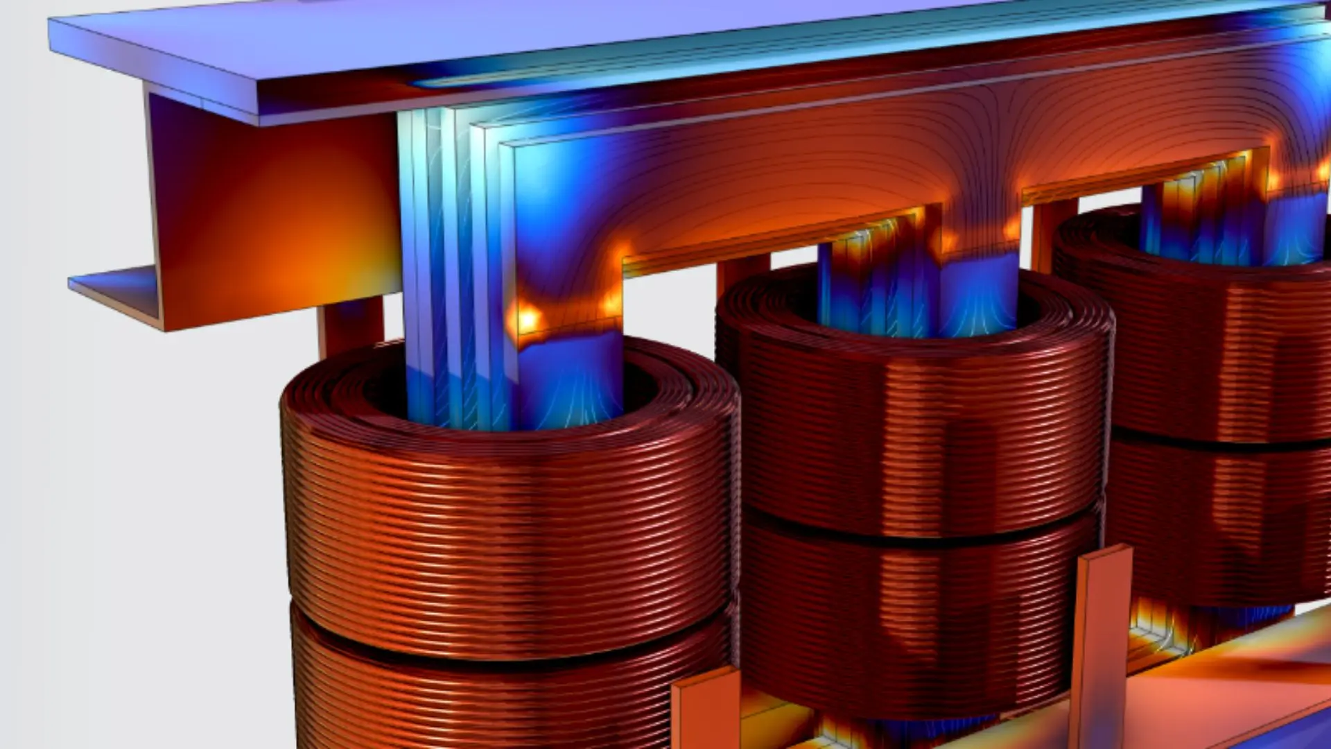 three-phase transformer can be seen in this picture, metal surface parts are colored by flux density magnitude